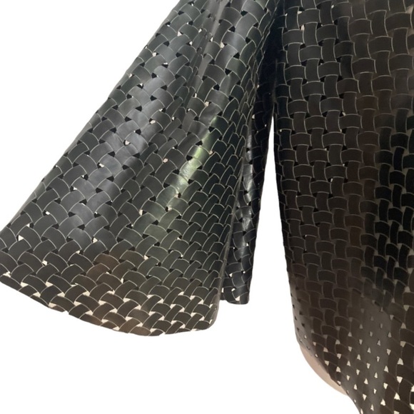 Faux Leather Basketweave Perforated Bell Sleeve Top Edgy Sculptural Minimalist - Picture 6 of 8